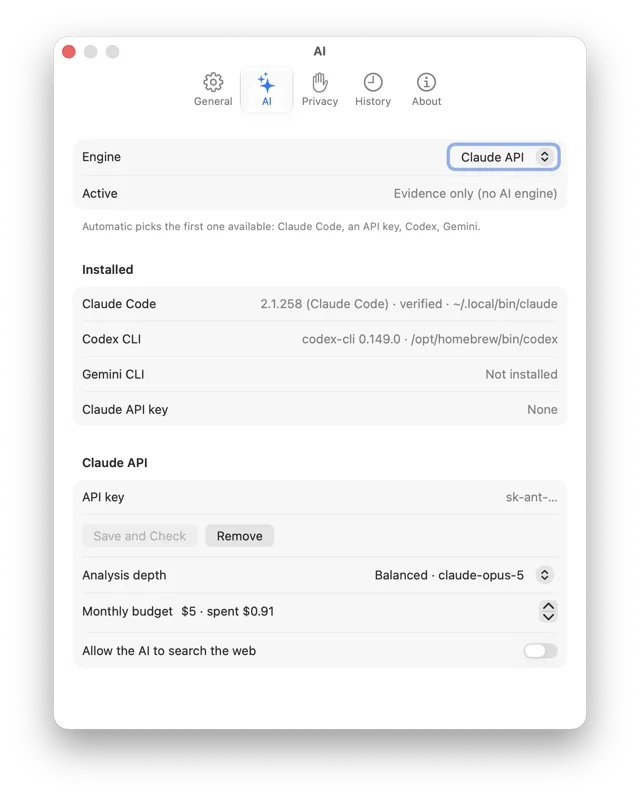 whoRU settings, AI tab: engine picker, installed tools, API key, analysis depth, monthly budget